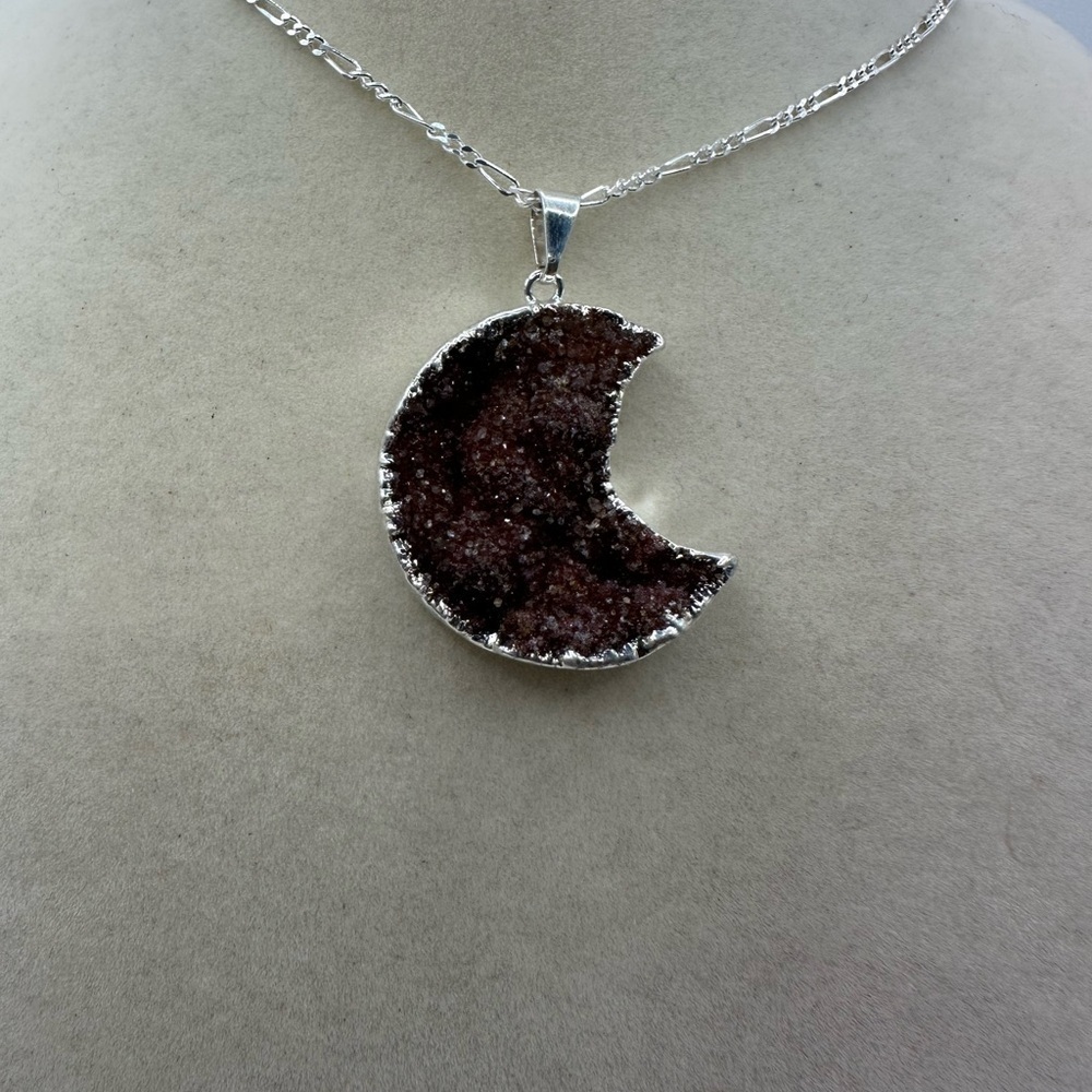 Red Amethyst Silver Plated Crescent Moon Pendant Necklace on Figaro Chain - Picture 4 of 11